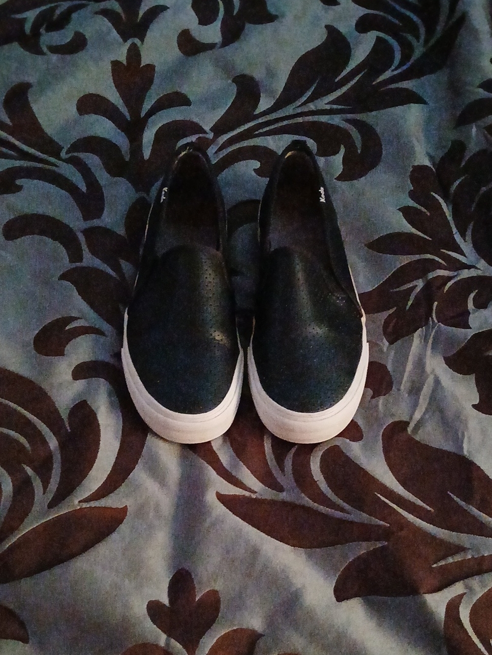 Keds Black Leather, Perforated Slip-On Sneakers with White Sole NOT FOR SALE